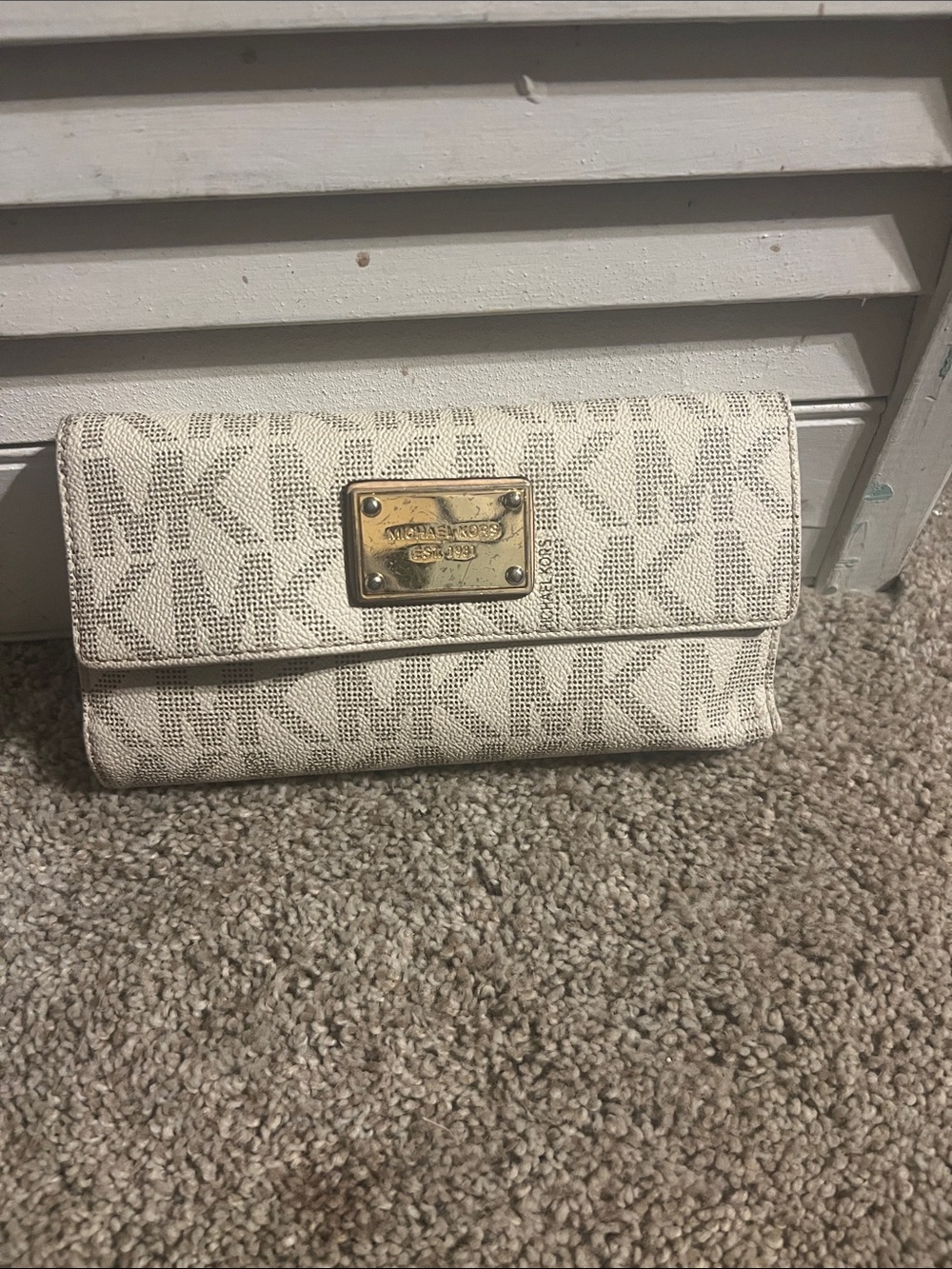 Michael Kors Cream MK Logo Continental Clutch Wallet with Gold Plate